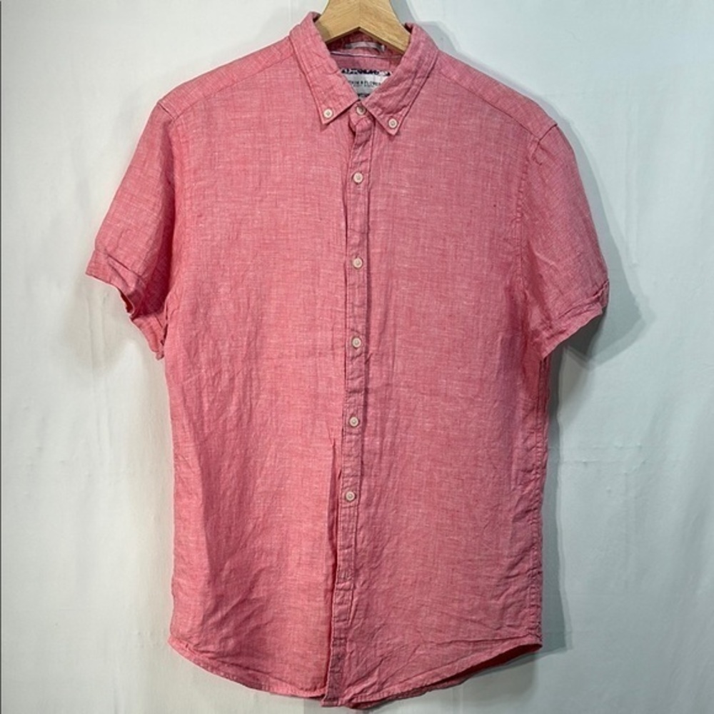 ♣️ Denim & Flower pink linen Casual Button Down short sleeve Shirt
